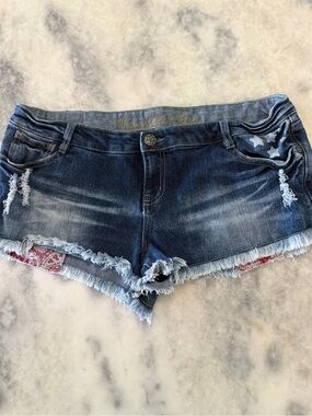 Vanilla Star Dark Blue Distressed Denim Shorts with Bandana Trim